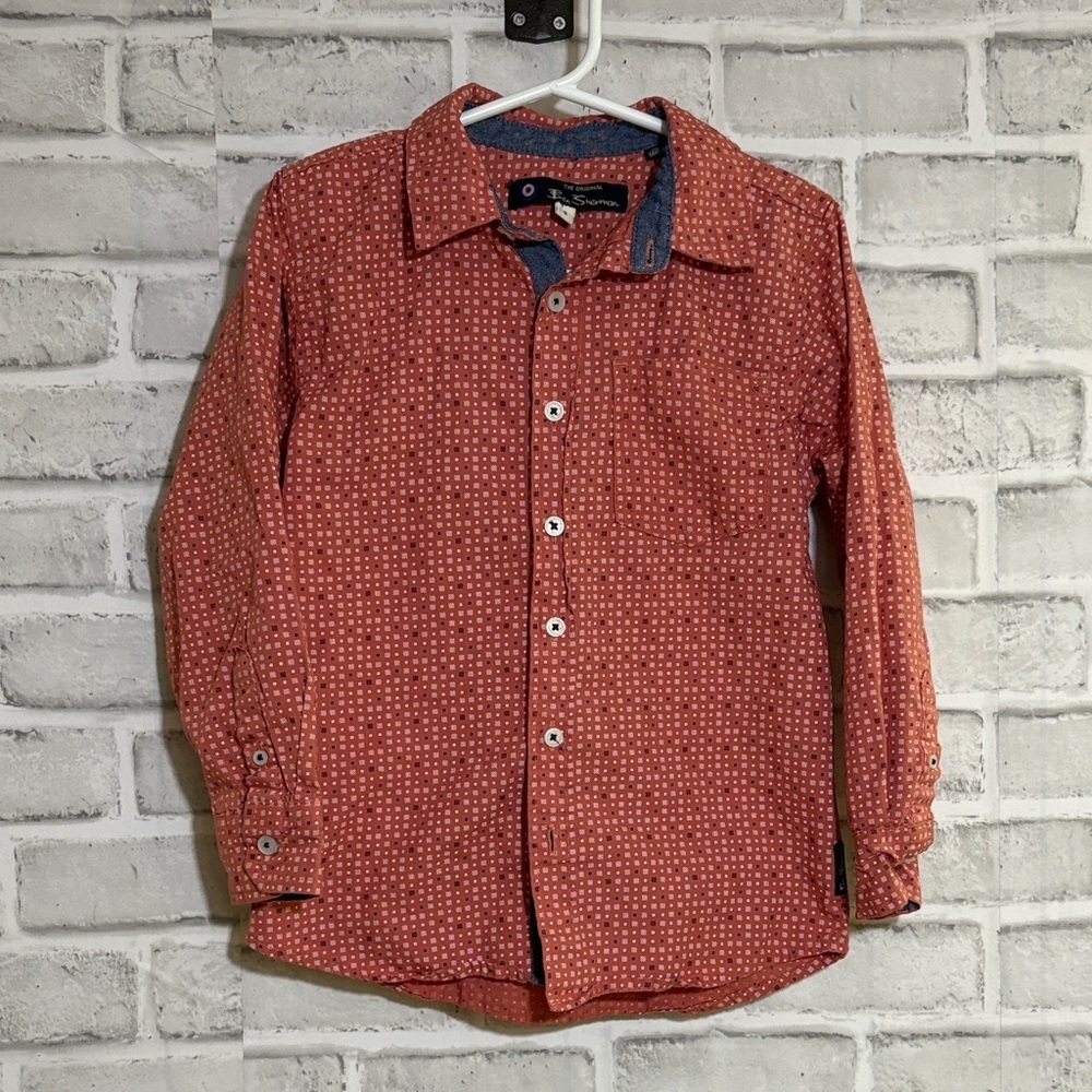 Ben Sherman boys Brick Red Patterned Button Down long sleeve dress shirt size 5